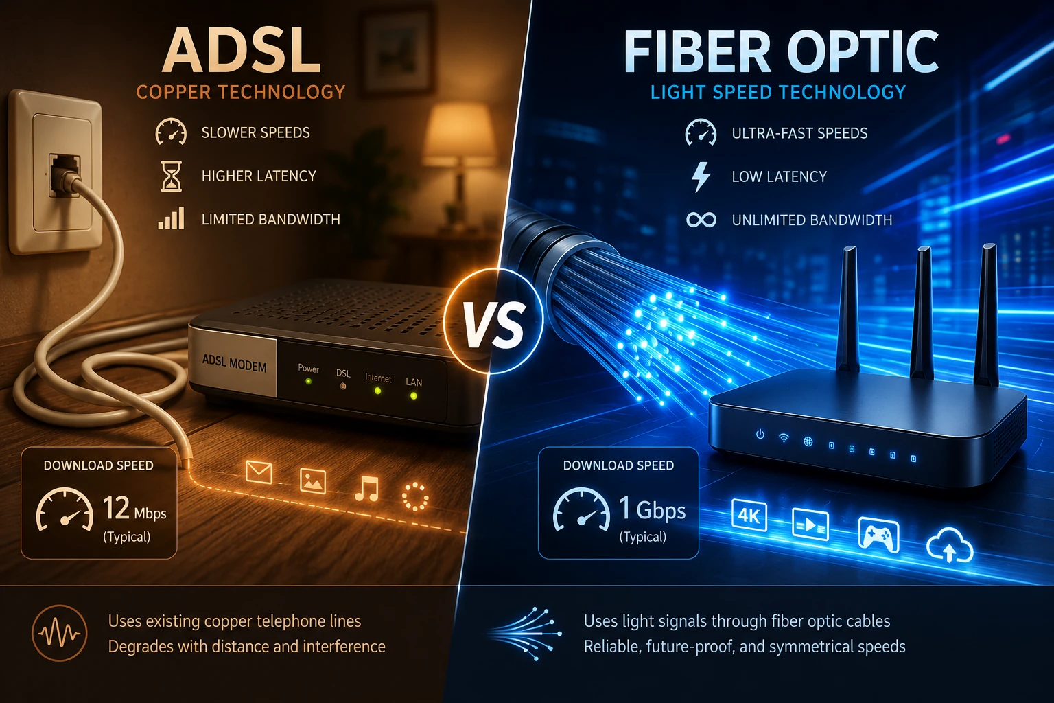 تفاوت اینترنت ADSL با فیبر نوری